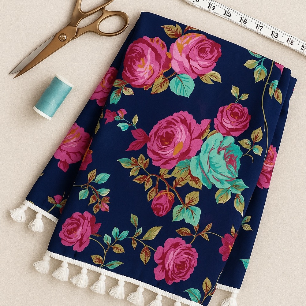 Textiles - Bold Navy Floral Fabric with Tassel Trim – 116” Length for DIY, Decor